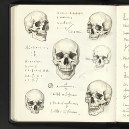 scan of page from the diary of a mad scientist, drawings of skulls, insane scribblings, calculations and formulas, jumble of scribbled notes and diagrams