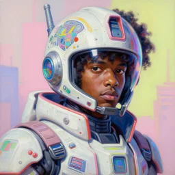 anime manga afro - cyberpunk 🧔🏿♂ gundam pilot portrait with an intricate futuristic urban inspired helmet, hyperrealistic digital oil painting, by makoto shinkai and ilya kuvshinov and lois van baarle and rossdraws and basquiat, trending on artstation, cmyk, neon colors, bright pastel colors,