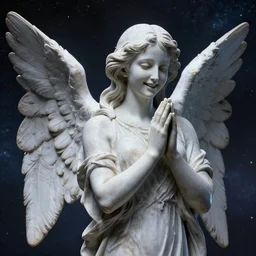 statue of an angel horribly smiling and praying. in outer space