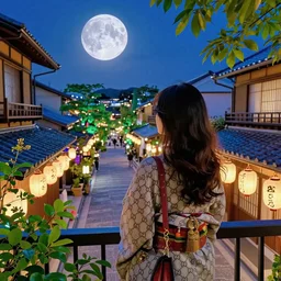 a vibrant dream of a beautiful girl wearing gucci from behind on a balcony looking out over a dreamy street in kyoto japan, lush plants, the moon is big an in the city, glowing paper lanterns, high fashion, magic details, by james jean, hd, 8 k, trending on artstation, uhd,