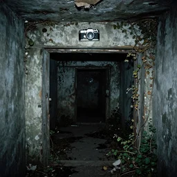 Photograph of an abandoned 1940s bunker with the grudge crawling around, dark, no lights, moist, taken using a film camera with 35mm expired film, bright camera flash enabled, award winning photograph, creepy, liminal space