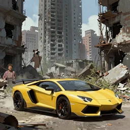 lamborghini aventador in the abandoned city by frank frazetta, greg rutkowski, beeple, yoko taro