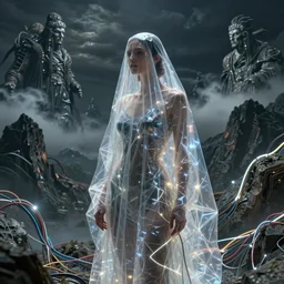 woman, covered in transparent cloth, plastic, mountains, Masterpiece, glowing, wires everywhere, by Edgar Maxence and Ross Tran, Zdzisław Beksiński, and Michael Whelan, distant, gustav dore, H.R. Giger, 8k, octane render