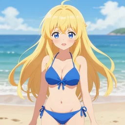 anime visual of very cute girl with long blonde hair, at the beach in a blue bikini, highly detailed