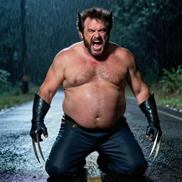 Portrait of Fat Danny Devito with his belly sticking out as The Wolverine (2013), Hes screaming at the rain in the middle of the night road on his knees. He has Wolverine Claws on both hands, He has pants, realistic, detailed, 4k by Greg Rutkowski Mark Arian trending on artstation