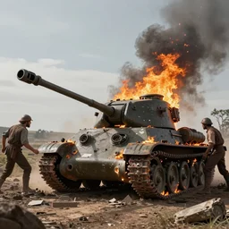 Cavemen and cavewomen attacking a destroyed, burning WW2 tank