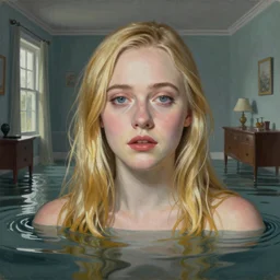 pop-surrealism portrait painting of Elle Fanning in a flooded house interior, extremely detailed masterpiece,
