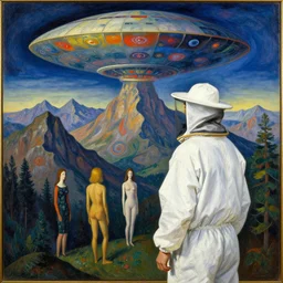 man in white beekeeper suit looking at the psychedelics dream mothership over the sacred mountains. painting by mikalojus konstantinas ciurlionis, bosch, wayne barlowe, agnes pelton, rene magritte