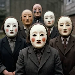 vintage photo of villagers wearing weird masks by hilla becher, eerie, bizarre, highly detailed shot, dramatic 8 k uhd