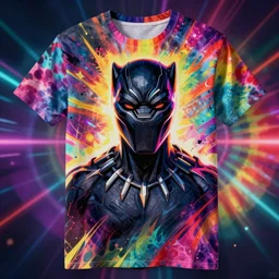 a t shirt all over print, portrait of black panther, trippy background, neon glow, tie dye, one piece art style, cartoon, rasta colors, anime, digital art