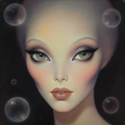 close - up portrait painting of an elegantly beautiful alien woman with big eyes, by frank frazetta and norman rockwell. cosmic glowing bubbles. muted colors, soft gradients. dark background. trending on artstation. retrofuturism.
