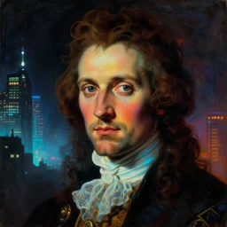 a baroque neoclassicist close - up portrait of a colorful retrofuturistic blacklight uv silhouette of a city being glowing fog in the background. renaissance portrait painting. highly detailed science fiction painting by norman rockwell, frank frazetta, and syd mead. rich colors, octane render, gloomy atmosphere. trending on artstation, masterpiece, directed by ridley scott