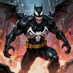 venom as batman, with the powers of flash, dynamic lighting, fantasy concept art, trending on art station, stunning visuals, creative, cinematic, ultra detailed, comic strip style, sumihei