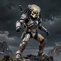 A space marine fighting the Predator on top of a mountain, HD, cinematic, black clouds in the background, concept art, 8K, close up, incredibly high attention to detail, complex, good color blending, award winning artwork
