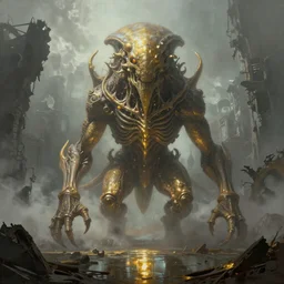 ultra realist soft painting of a single lovecraftian gigantic creature, inside ruins, very intricate details, dense  fog, golden ratio, volumetric cinematic lighting, reflections, refractions, symmetry accurate anatomy features, omnious background, unreal render