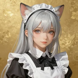 very beautiful!!!!!! digital painting of a blushing silver-haired cat girl on golden background masterpiece!!!!!!, neko, maid, wlop, cinematic lighting, highly detailed, digital painting, artstation, concept art, smooth, sharp focus, illustration, art by Akihiko Yoshida, Greg Rutkowski and Alphonse Mucha  4k, 8k, ultra HD, render in octane