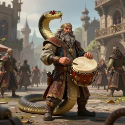 Large snake with human upper body bearded bard holding a drum, ornately dressed, standing in populated Baldur\'s Gate city square, hyperdetailed, artstation, cgsociety, 8k