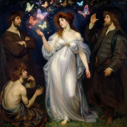 a beautiful painting of a woman with exploding neon butterflies by john everett millais and dante gabriel rossetti and john collier and john william waterhouse, preraphaelite, detailed, trending on artstation, hd, masterpiece
