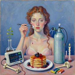 self - portrait of a female art student, surgical equipment, sensuous, berry juice drips, pancakes, berries, bones, defibrillator, electrical wires, battery, oxygen tank, scientific glassware, seedlings, bones, art supplies, candles dripping wax, neo - impressionist, surrealism, acrylic and spray paint and oilstick on canvas