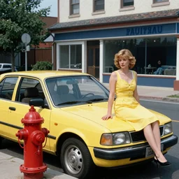 a picture of a yellow-car parked next to a red-hydrant with a woman in a yellow-dress sitting on the hood, BEUTIFUL!, surreal, in style of artgerm, norman rockwell, Edward Hopper