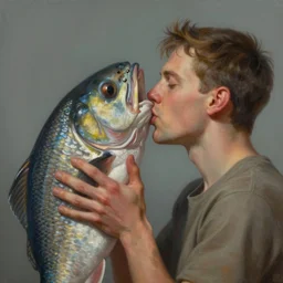a surreal matte painting of a man kissing a fish head as if he were in love, in the style of esao andrews, mark ryden, digital painting, photorealistic, ornately detailed, unreal engine, extremely detailed masterpiece, illustration, trending on artstation