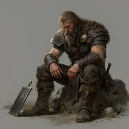 Male Barbarian Hero has lost the will to live, fantasy, matte painting