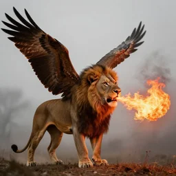 a lion with eagle wings breathing red fire