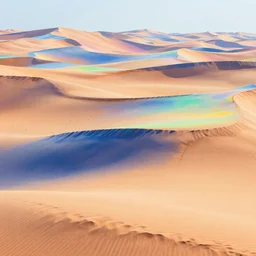 highly detailed iridescent sand dunes with many different shades of blue pink orange yellow green, by gilbert williams, by simon stalenhag, by beeple, by bruce pennington, by james jean, featured in juxtapoz, mixed media, dynamic composition, octane render
