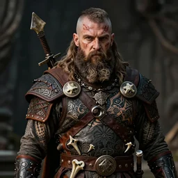 a cinematic view of wide photo from a very ornated old shaman viking berseker, half shaved haircut, showing nordic tattoos in the chest, scars in the face, long beard, using leather armour with bones, photorealistic, volummetric light, detailed, texturized, zeiss lens professional mode