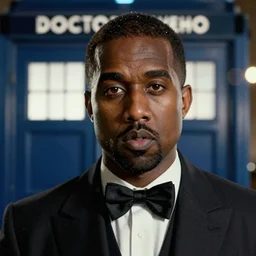 kanye west as the doctor! with bowtie! in doctor who, doctor who, tardis!!!!!!!!!!!!, movie still, detailed face, cinematic lighting, ray tracing, octane render, long lens, shallow depth of field, bokeh, anamorphic lens flare, 8 k, hyper detailed, 3 5 mm film grain