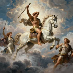Hercules riding Pegasus through the clouds, by Rolf Armstrong and Evelyn De Morgan and Bastien Lecouffe-Deharme, dramatic lighting, high contrast colors, baroque, empyrean, panoramic view, as trending on Artstation, highly detailed, doom engine,