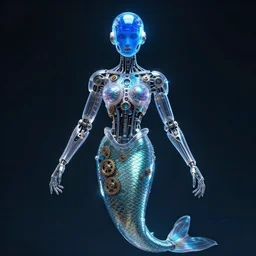 cyberpunk humanoid robot mermaid from ex machina, neon blue glass forehead, transparent, see - through, gears and lights, cinematography by federico fellini, intricate, elegant, perfect symmetry