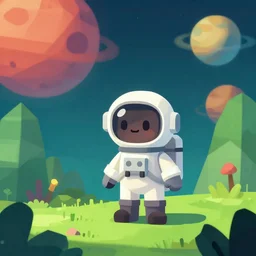 A cute explorer astronaut on a lush alien planet, large planets in the background, low poly, stylized, indie game, artistic lighting