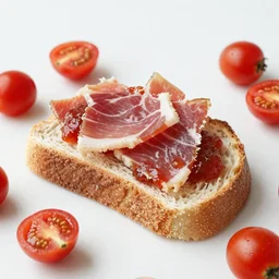 a slice of fresh bread with tomato and jamon iberico on top and few cherry tomato artistically spread around, photo, macro, ad