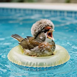 a kiwi bird with a wooly hat sitting in a float in a pool, the bird is screaming, 35mm photograph