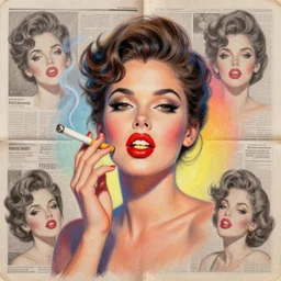 a handmade collage painting with newspapers of a girl from 1 9 8 0 s, smoking rolled cigarette, red big lips like a donut, golden teeth, high detailed, retro style painting, retro pastel colored palette, grain and texture, dancing heads, illustration, oil pastel drawing, symetrical, in the middle, looking to camera, high shoulders, gradient lighting at the back, sharp teeth, red paint stains, extremely elegant drawing, looking straight, lens correction, sharp focus, 8 k