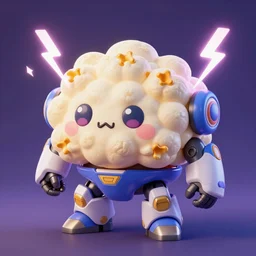 fluffy popcorn brain in the style of a kawaii mecha, with lightning bolts