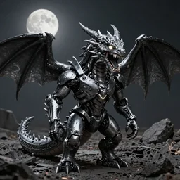 snarling anthropomorphic dragon with glowing eyes and mouth standing in a crater, glowing eyes, glowing mouth, charcoal and silver color scheme, humanoid, rubber suit, full body single character, moonlit night, good value control, high contrast, biomechanical elements, sci-fi, concept art