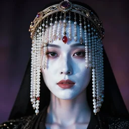 a woman with a white face wearing a crown that has beads hanging over her face in a scene from the movie bladerunner