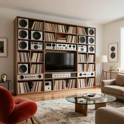 retro futuristic apartment, massive 7 0 s hi fi system, record collection, funky furniture, modern art, wabi sabi