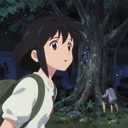 anime visual, portrait of a young female traveler at night looking at a biomechanical cyberpunk tree, low light, cute face by ilya kuvshinov, yoh yoshinari, makoto shinkai, dynamic pose, dynamic perspective, cel shaded, flat shading mucha, rounded eyes, moody, detailed facial features, psycho pass, lomography