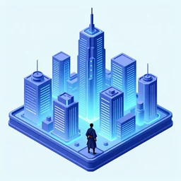 isometric view of a cyberpunk city, samurai viewing the city from a rooftop, vaporwave skyline