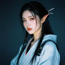 ultra high resolution film portrait of a dreamy female alien cyberpunk samurai