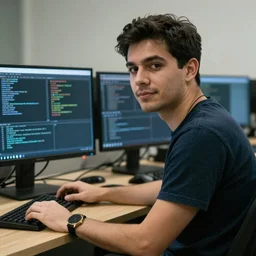 A portrait of a programmer who is waiting in front of its pc