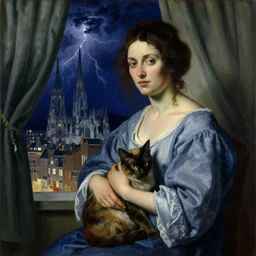 close portrait of woman in night gown with cat, with city with gothic cathedral seen from a window frame with curtains. thunderstorm, deep indigo. caravaggio, egon schiele, bonnard, henri de toulouse - lautrec, utamaro, monet - h 7 0 4