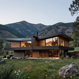 a modern ecopunk frank lloyd wright shotgun house mansion in the mountain valley of colorado