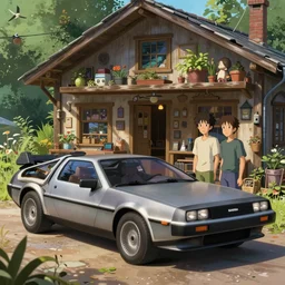 Delorean car next to cabin full of details artwork by Michael Whelan and Tomer Hanuka, , by Makoto Shinkai and thomas kinkade, Matte painting, trending on artstation and unreal engine