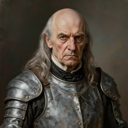 portrait painting of an arrogant balding old man with long grey hair wearing worn noble clothes, old, cheap, grey leather gambeson, sharp focus, award - winning, trending on artstation, masterpiece, highly detailed, intricate. art by rebecca guay