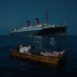 a large wooden door floats on the surface of the dark waters of the atlantic ocean, a man and woman are both laying down horizontal on top of it, behind them the titanic sinks, protruding upward from the water, night, wide angle, cinematic