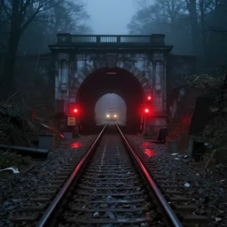 A train approaching a flooded railway tunnel displaying red warning lights on a foggy night, horror movie still